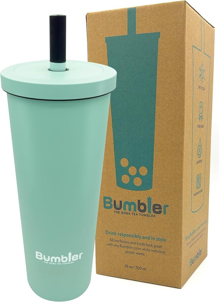 Bumbler Insulated Boba Tea Cup - 24oz Stainless Steel Reusable Tumbler with Extra Wide Straw & Le... | Amazon (US)