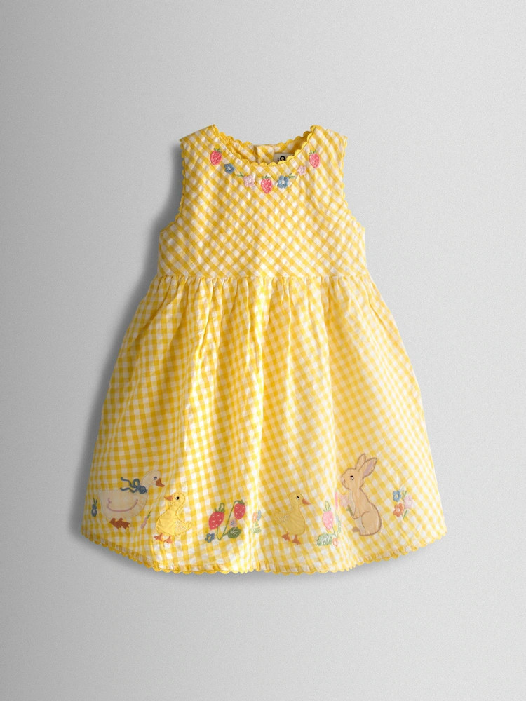 JoJo Maman Bébé Yellow Ducks & Bunnies Appliqué Gingham Sleeveless Dress | Next US