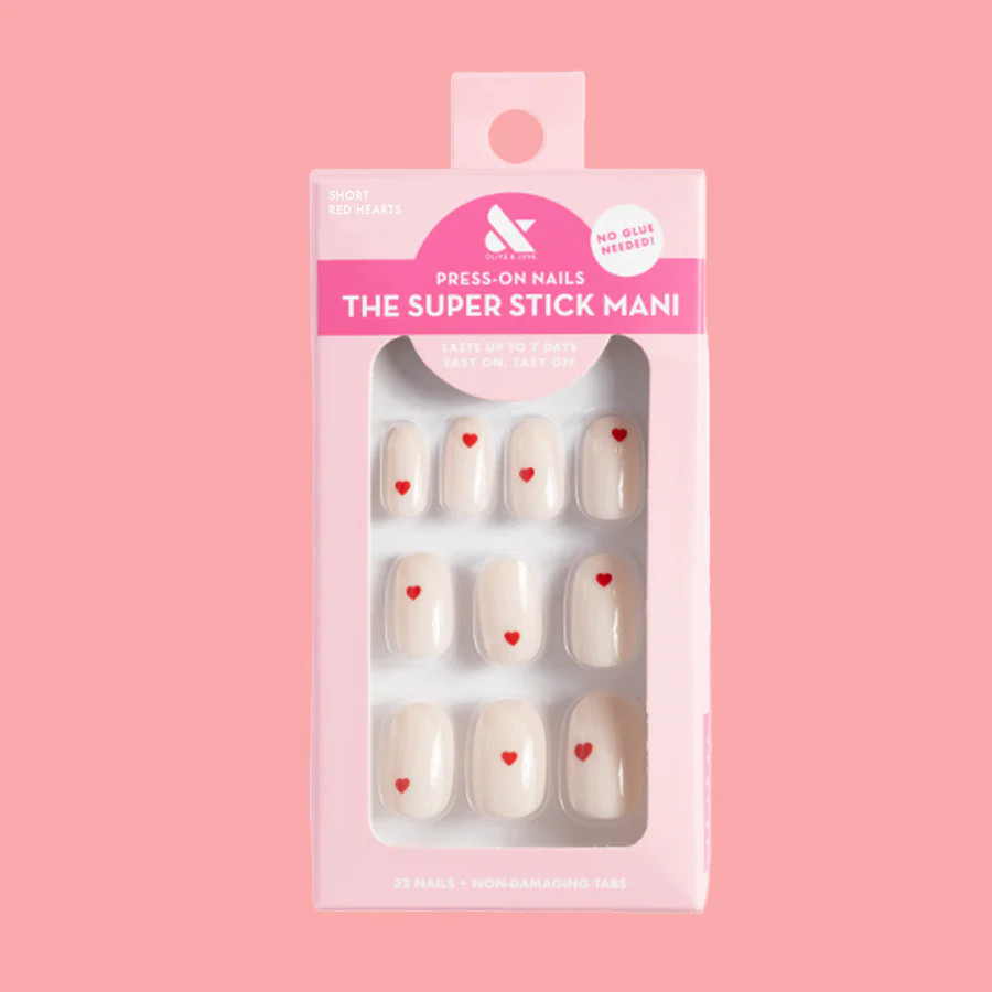 Red Hearts | Short | Round - Tab Press-On | Olive & June