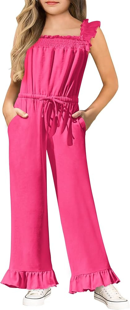 Yousify Girls Jumpsuit Kids Fashion Ruffle Sleeve Belted Wide Leg Romper One Piece Summer Outfits... | Amazon (US)