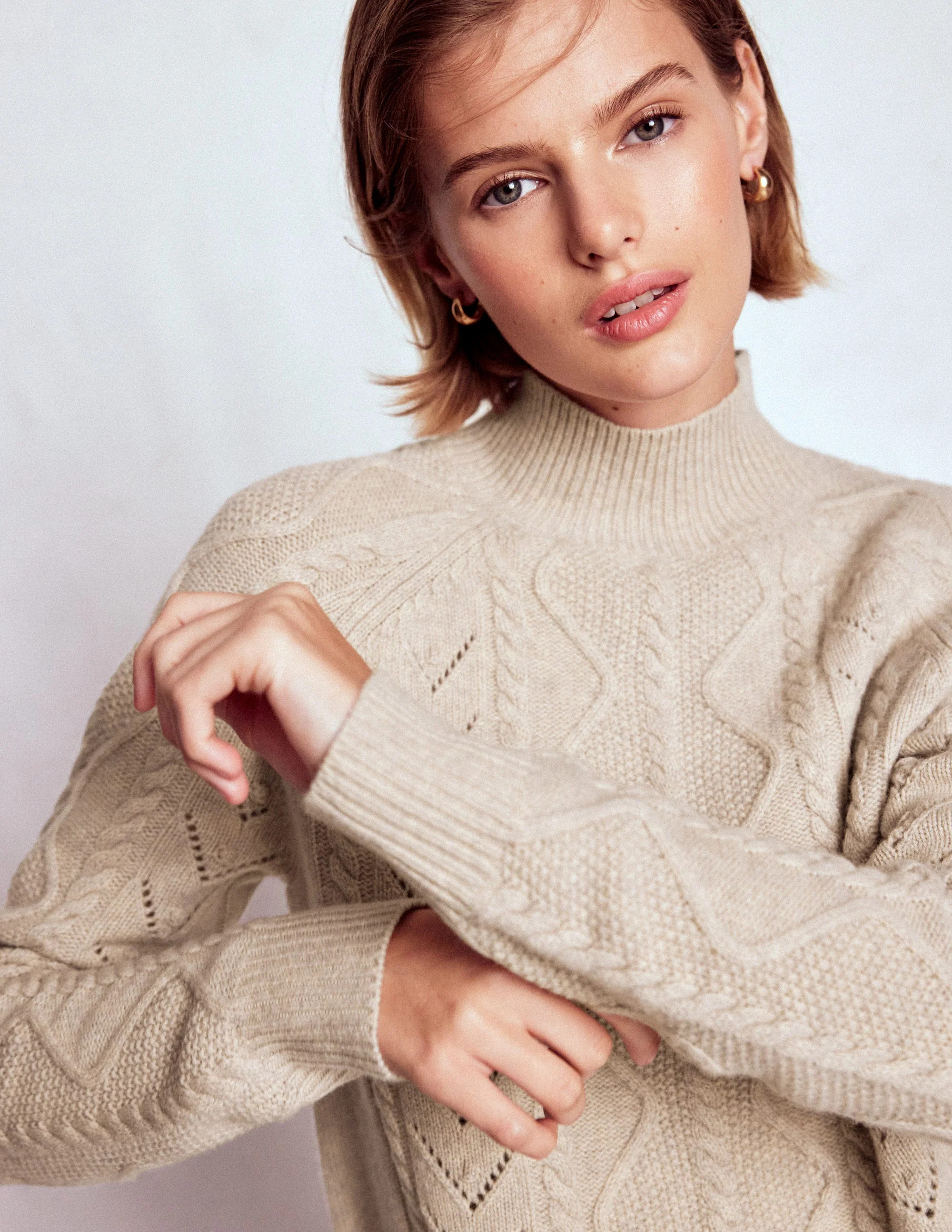 Marion Hochgeschlossener Merino-Pullover-Gerste Zopfmuster | Boden DE