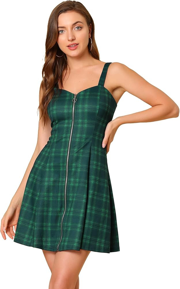 Allegra K Women's Plaid Tube Dress Zip Up Strap Sleeveless Party Mini A-Line Dress | Amazon (US)
