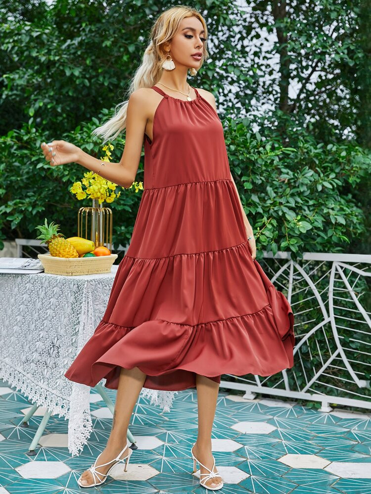 Tie Back Ruffle Hem Solid Dress | SHEIN