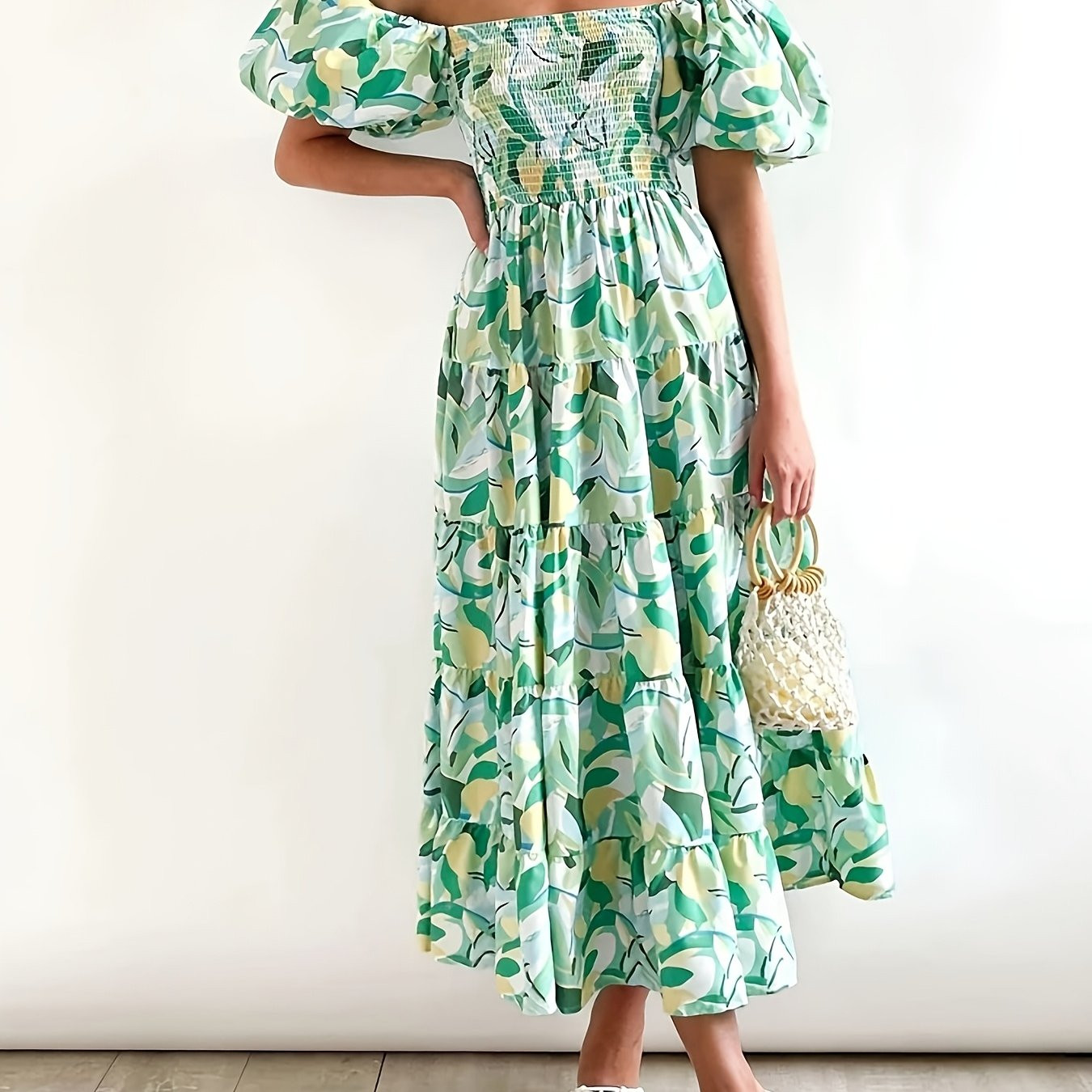 women's elegant shoulder long sleeve maxi dress green leaf - Temu Canada | Temu Affiliate Program