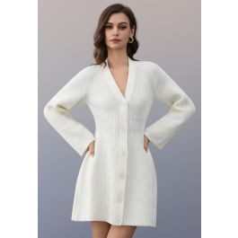 V-Neck Button Down Ribbed Knit Mini Dress in Cream | Chicwish