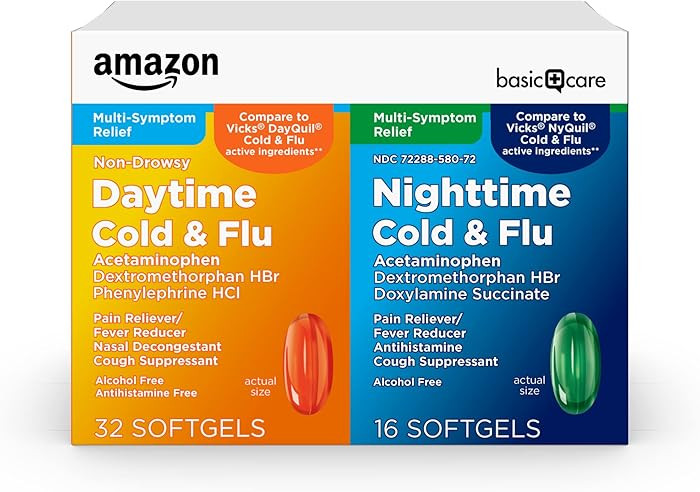 Amazon Basic Care Cold and Flu Relief, Daytime and Nighttime Combo Pack Softgels for Multi-Sympto... | Amazon (US)