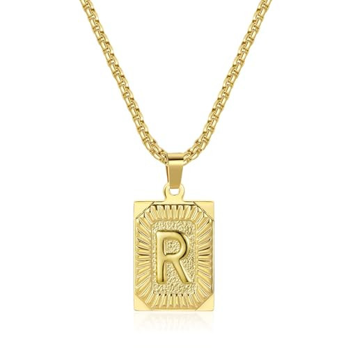 Dayouny Letter Pendant Necklace R, Gold Pendant Necklaces, Square Letter Pendant for Men Womens,18K Yellow Gold Plated, Capital Initial Christmas Birthday Jewelry, 22inch | Amazon (US)