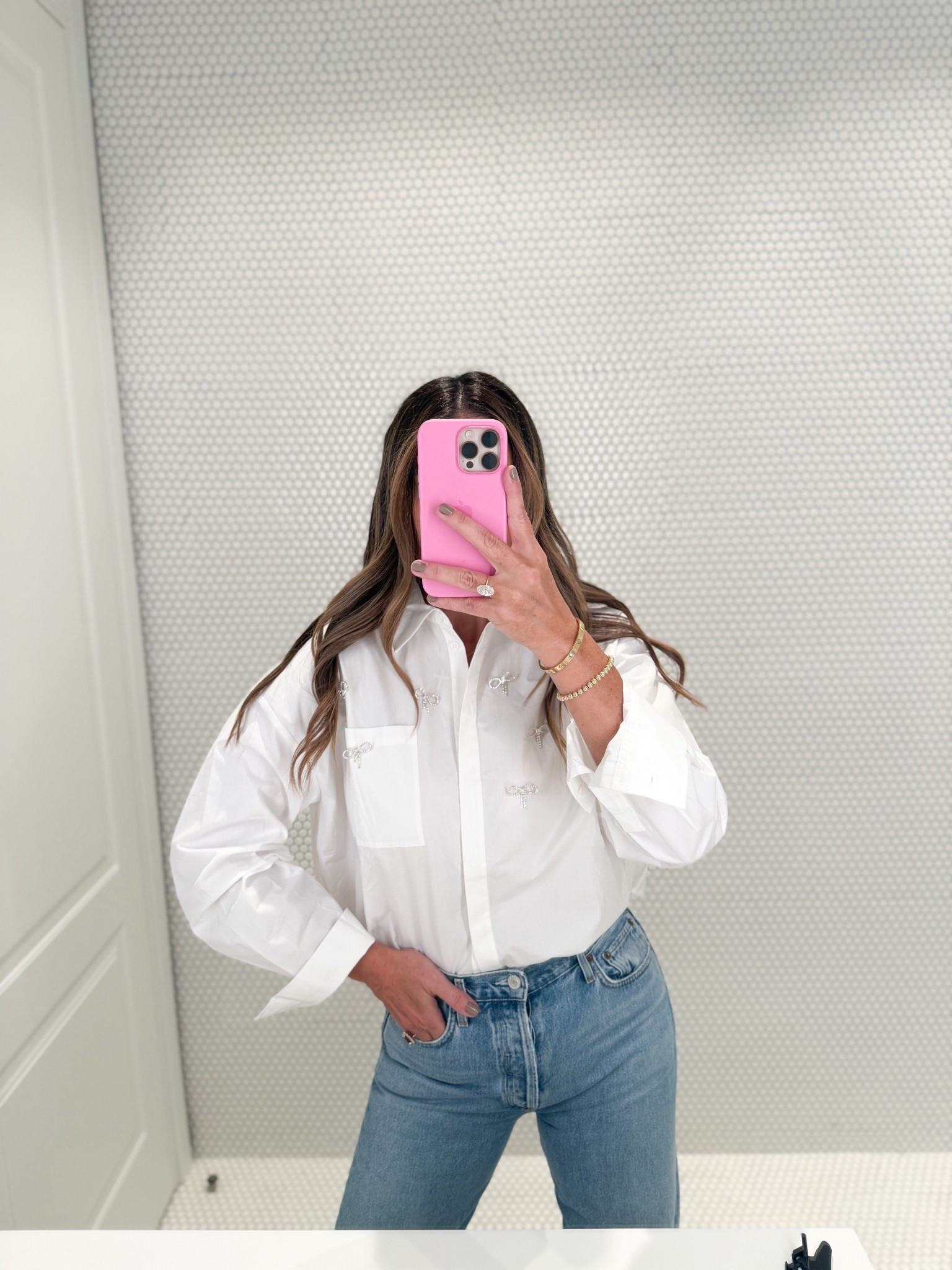 This crisp white blouse is peppered with crystal bows 🎀. Jeans are my all time fave! 

#LTKSaleAlert #LTKmomlife #LTKootd