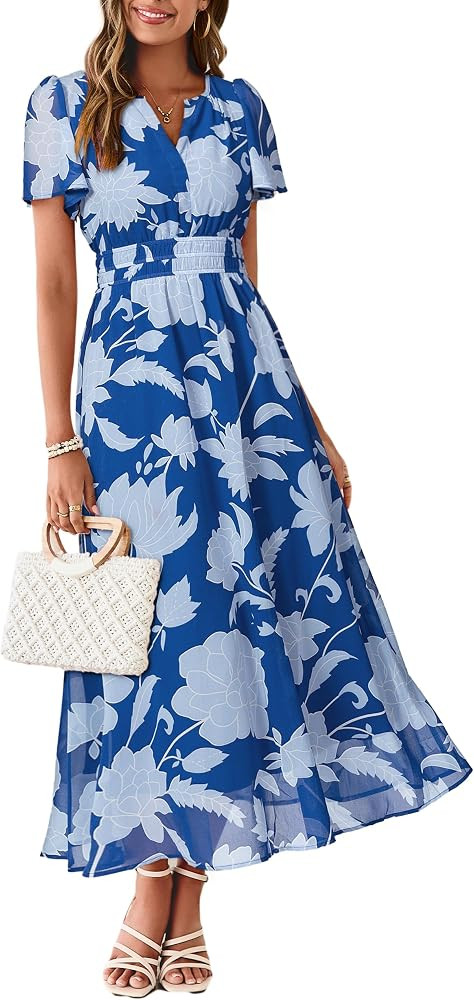 Simplee Women Floral Summer Maxi Dress Boho Flowy Casual Chiffon Short Sleeves V Neck Long Weddin... | Amazon (US)
