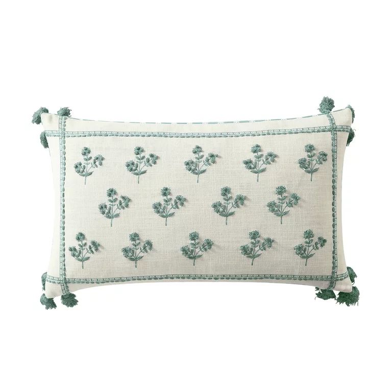 Better Homes & Gardens, Green Block Print Floral Decorative Pillow, Oblong, 14" x 24", Green, 1 P... | Walmart (US)