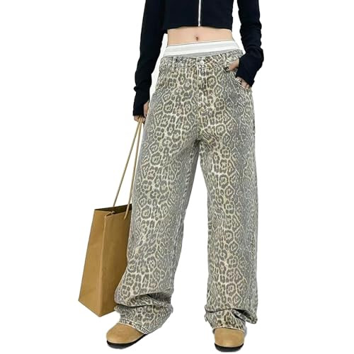 KOBPT Women's Leopard Print Jeans High Waist Denim Pants Y2K Baggy Casual Streetwear Trousers | Amazon (US)