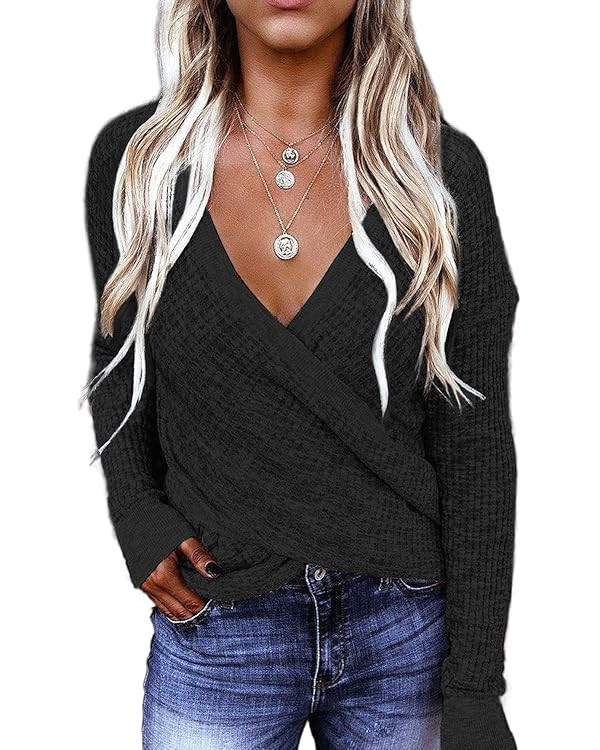 Dokotoo Womens 2023 Elegant Deep V Neck Wrap Long Sleeve Chunky Cable Knit Jumper Pullover Sweate... | Amazon (US)