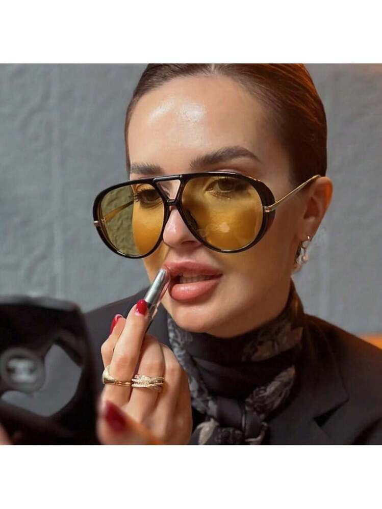 1pc Fashion Big Frame Unisex Retro Fashion Glasses, Outdoor Travel Street Photography Beach Yellow Decor Eyewear Gift Basics Fall Winter Women Outfits Clothes Business Casual Gifts Beach Accessories For Women Fashion Glasses Shades | SHEIN