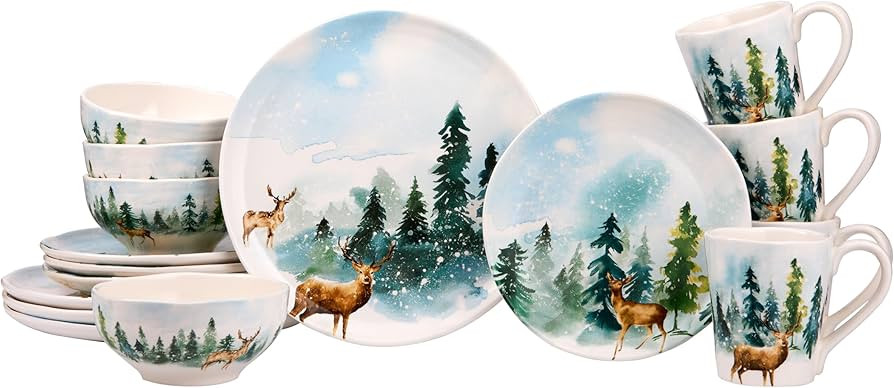 Bico Enchanted Deer Dreamscape Ceramic 16 pcs Dinnerware Set, Inclusive of 11 inch Dinner Plates,... | Amazon (US)