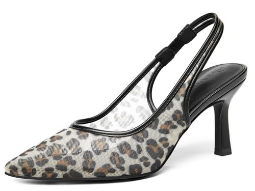 Coutgo Womens Slingback Kitten Heels Closed Pointed Toe Low Heel Mesh Pumps Sexy Dress Shoes, Leopard, Size 9.5 | Amazon (US)