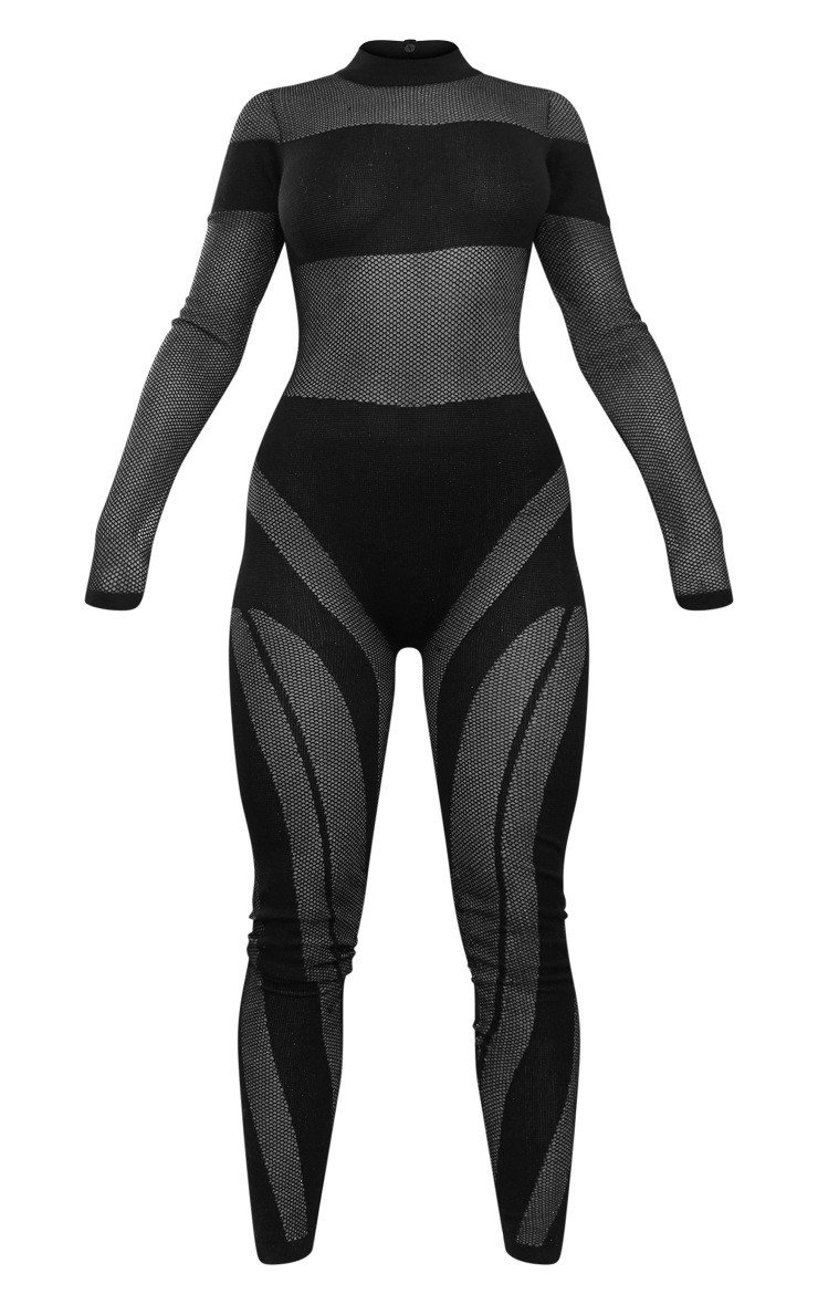 Black Sheer Knit Contrast Panel Jumpsuit | PrettyLittleThing US