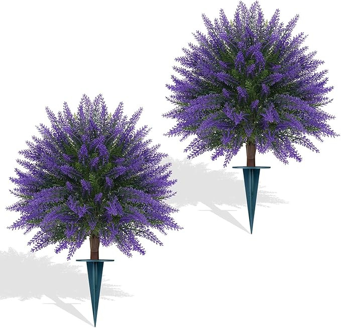Artificial Lavender Topiary Bushes with Ground Spike, 24" Set of 2 Faux Lavender Boxwood Ball Tre... | Amazon (US)