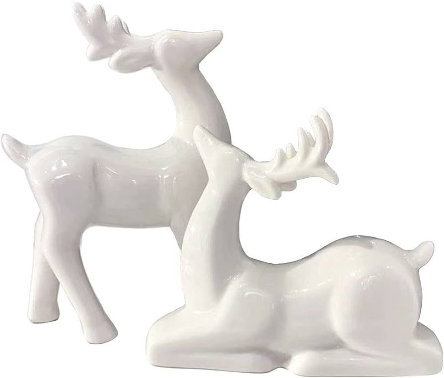 Amazon.com: Porcelain Christmas Reindeer Figurines, Pack 2 Mini Animal Reindeer Decor Deer Statue... | Amazon (US)