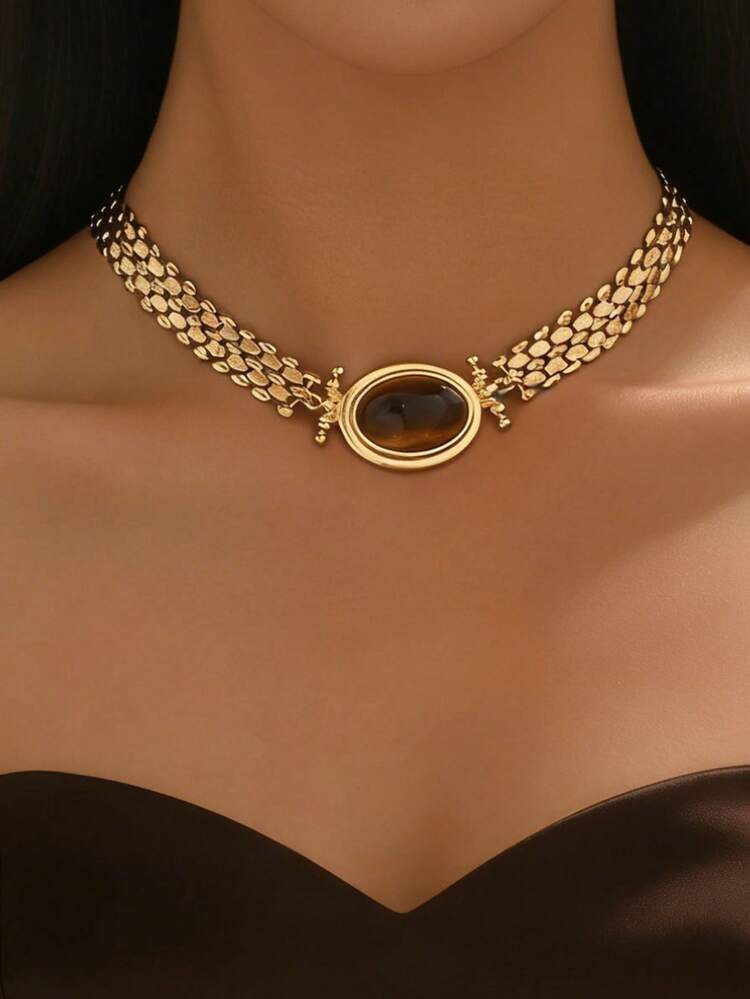 1pc Niche Textured Gold Choker Oval Tiger Eye Stone Pendant Vintage Palace Style Luxury Women's P... | SHEIN