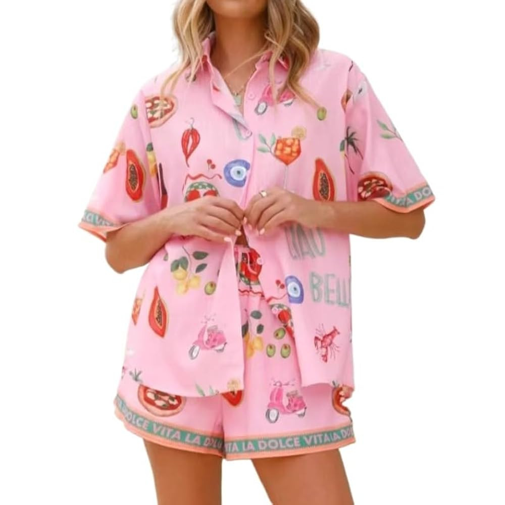 Women Graphic 2 Piece Pants Outfit,Short Sleeve Printed Button Down Shirt Shorts Set Casual Beach... | Amazon (US)