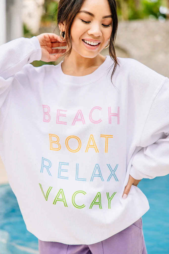 Beach Boat Relax White Corded Sweatshirt | The Mint Julep Boutique