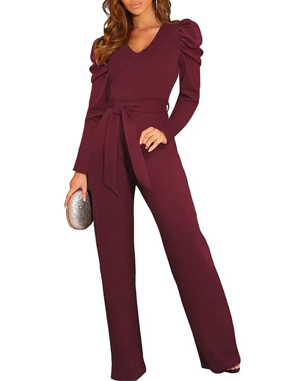 BLENCOT Womens Jumpsuit Short Sleeve Casual v Neck Belted Wide Leg Formal Rompers Jumpsuits S-XL | Amazon (US)