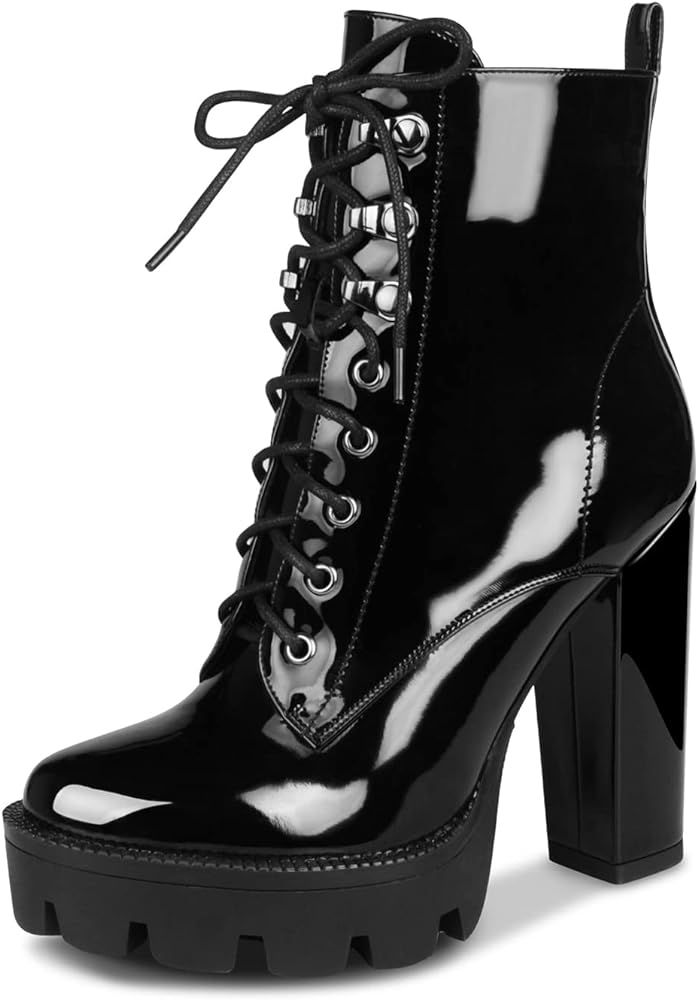 wetkiss Platform Boots for Women, Heeled Combat Boots Chunky Heel Booties Round Toe Lace Up High Hee | Amazon (US)