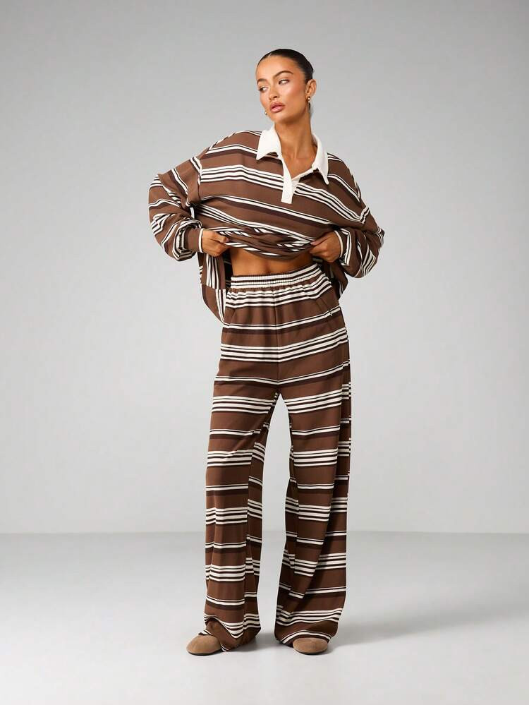 MISSGUIDED Two Piece Striped Collared Long Sleeve Top And Wide Leg Trousers Casual Co-Ord Set Fall Winter Outfit | SHEIN