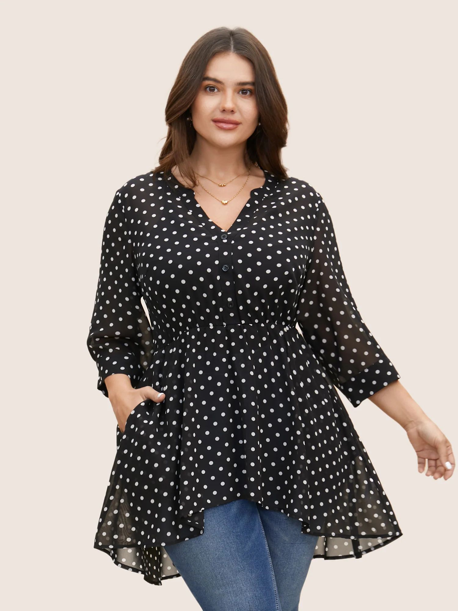 Chiffon Polka Dot Button Detail Blouse | Bloomchic