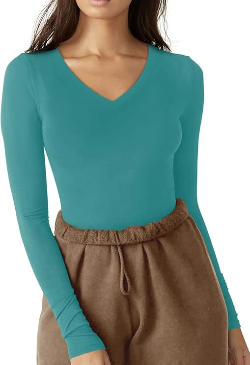 REORIA Women’s Casual V Neck Long Sleeve Ribbed Fitted Thong Bodysuit Tops Jumpsuit | Amazon (US)