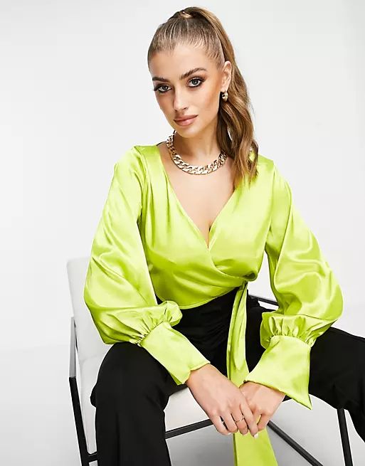 Femme Luxe wrap satin blouse with oversized balloon sleeve in lime | ASOS (Global)
