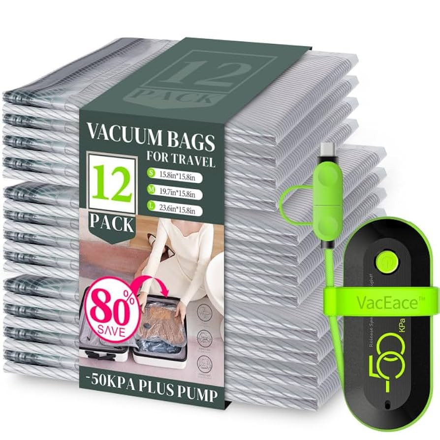 Vacuum Bags for Travel with USB Pump, 12 Pack Carry-on Size Compression Packing for Luggage and S... | Amazon (US)