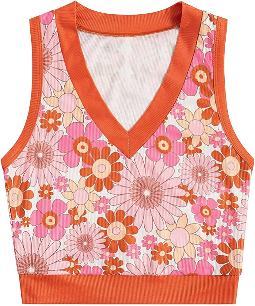 Verdusa Women's Floral Print Contrast Binding V Neck Ribbed Crop Tank Top | Amazon (US)