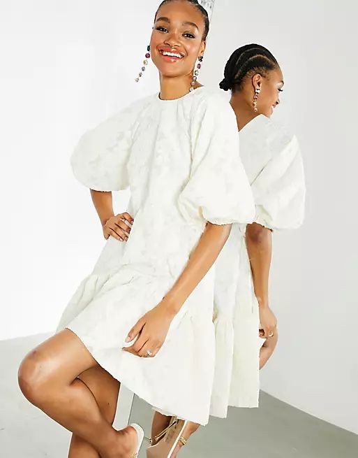 ASOS EDITION textured smock dress with tiered hem in cream | ASOS (Global)