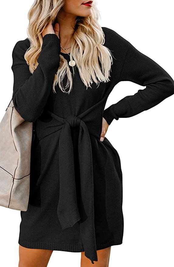 GOBLES Women's Casual V Neck Long Sleeves Tie Waist Cable Knit Sweater Mini Dress | Amazon (US)