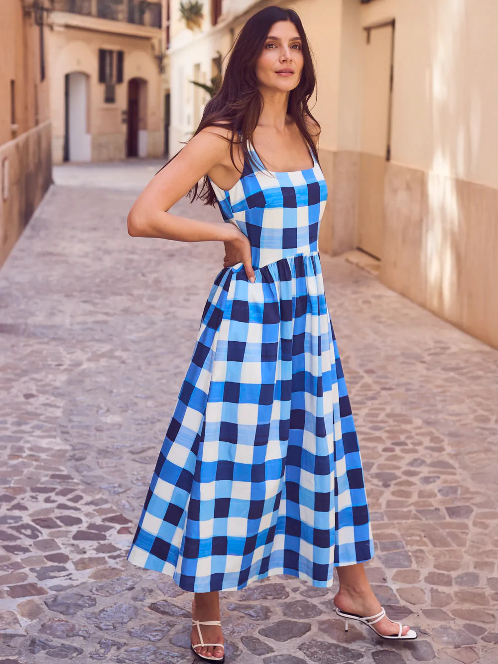 Raya Blue Check Square Neck Dress | Ro&Zo
