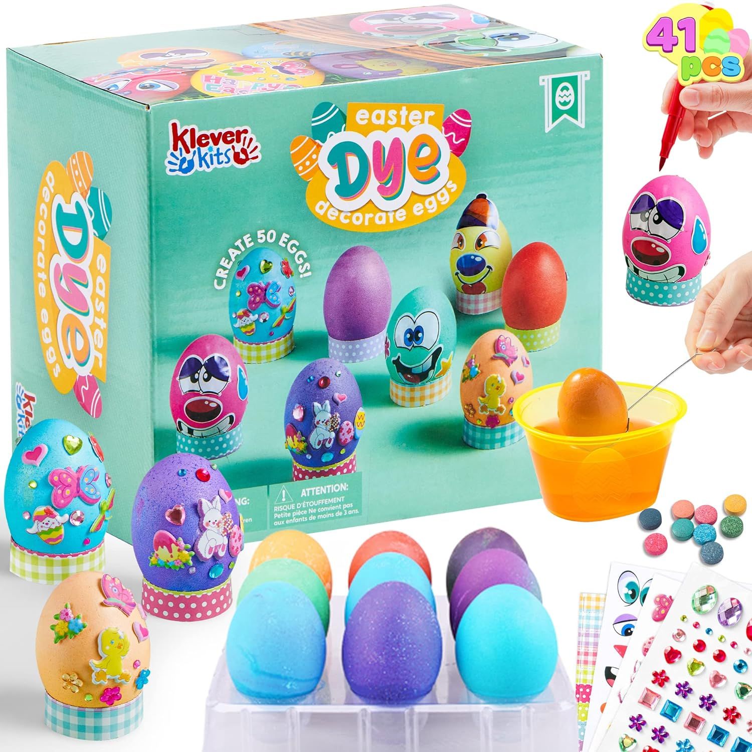 Klever 41 Pcs Easter Egg Decorating DIY Kit with Dye Tablets and Easter Stickers, Coloring Dyeing... | Amazon (US)