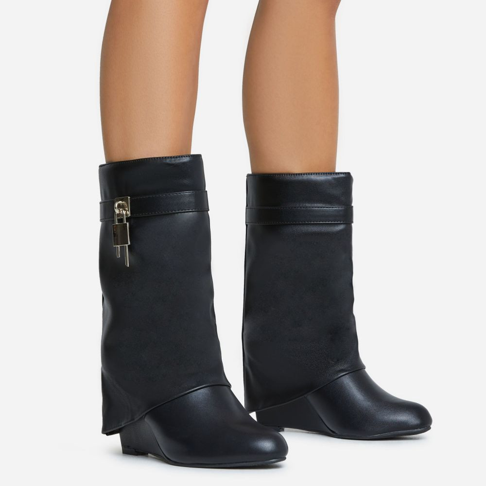Making-It-Big Padlock Detail Wedge Heel Ankle Boot In Black Faux Leather | EGO (UK)