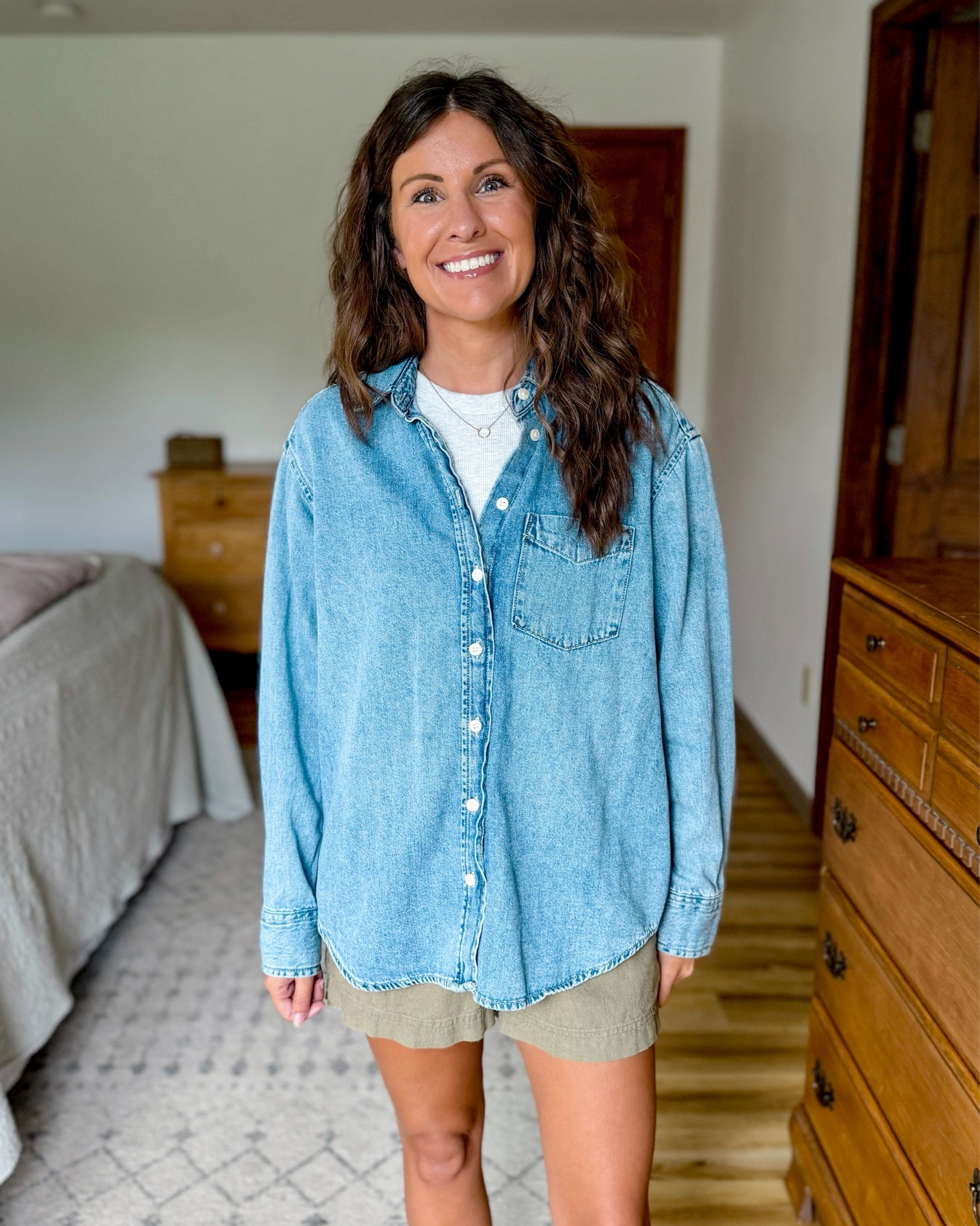 I love this Gap Factory denim shirt for a little more oversized fit! It’s 100% cotton and I wear size xs. 

My tee shirt is size small and my linen shorts are xxs. My sandals are size 36.

#LTKPetite #LTKgrwm #LTKSaleAlert