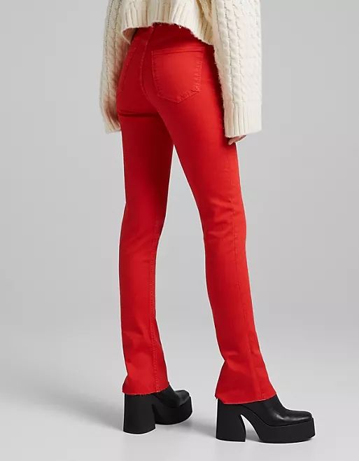 Bershka raw hem straight leg jeans in bright red | ASOS (Global)