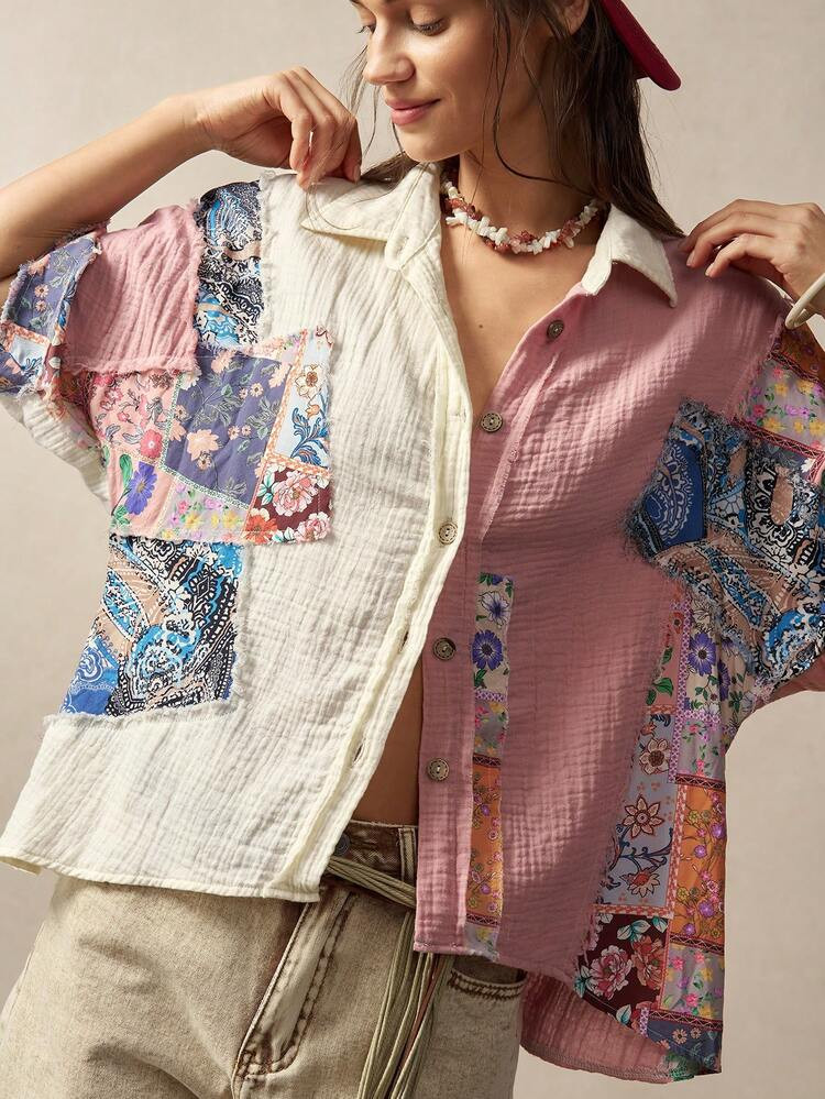 Bohemela Casual Woven Patchwork Loose Blouse For Women Women's Summer Outfits Blouse For Women Casual Modern | SHEIN