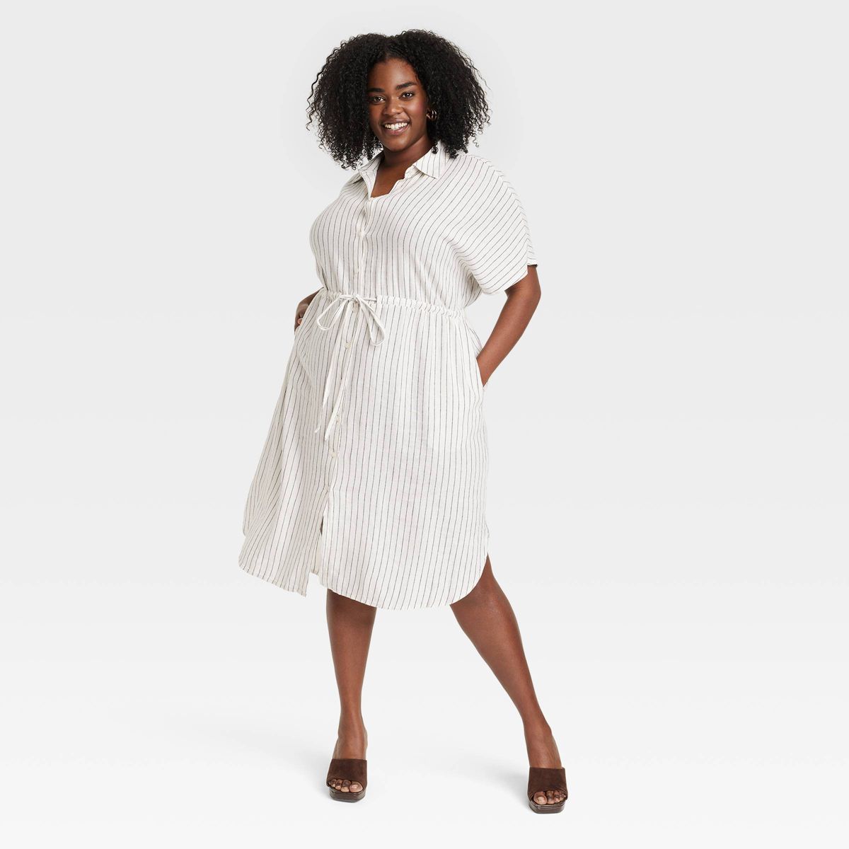Women's Short Sleeve Linen Midi Shirtdress - A New Day™ Cream Striped XXL | Target