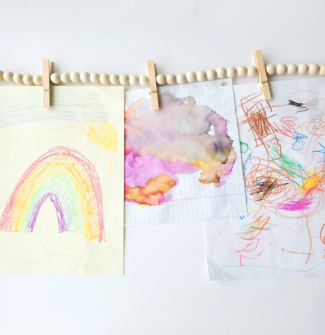 Kid's Art Display, Art Display for Kids, Photo Display, Wood Bead Garland, Wood Bead Garland With... | Etsy (US)