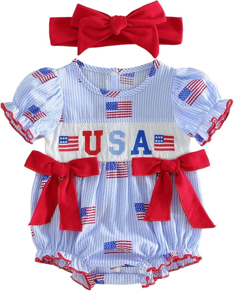 CIYCUIT 4th of July Baby Girl Romper with Headband Set USA Flag Smocked Bubble Jumpsuit Patriotic... | Amazon (US)