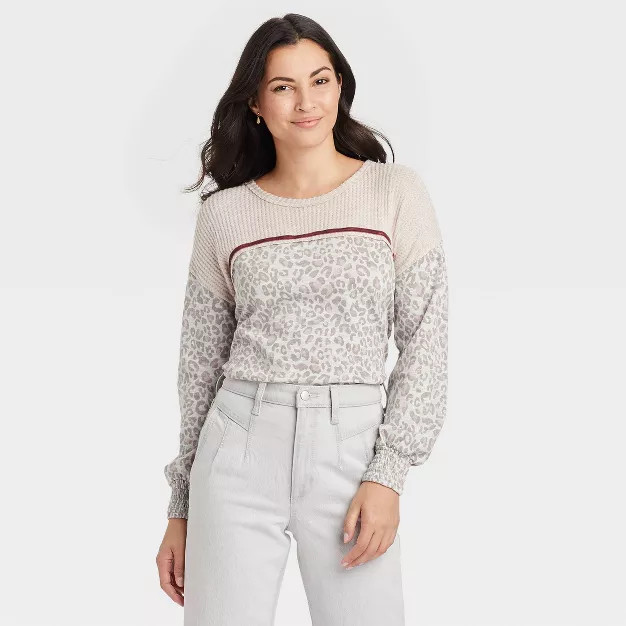 Women's Long Sleeve French Terry Top - Knox Rose™ Gray Leopard Print | Target