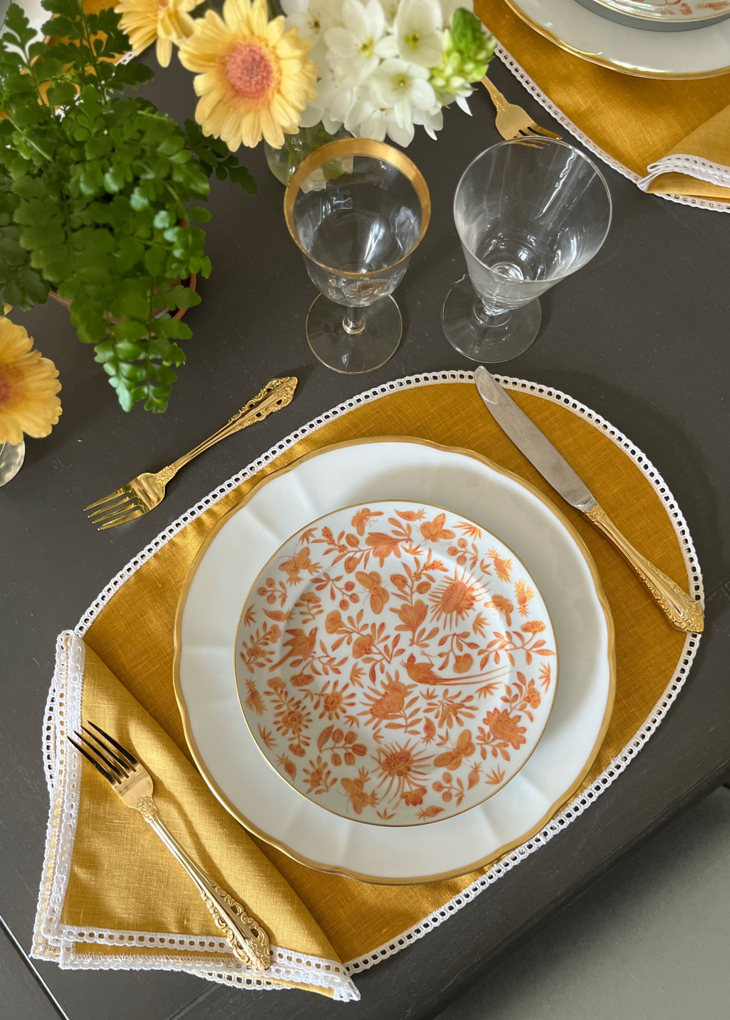 Saffron supper. Mustard yellow linens pack a big punch. Perfect for a summer dinner or a festive brunch! 
Gold-rimmed glassware and linens are vintage. Similar linked. 

#LTKHome #LTKParties #LTKFamily