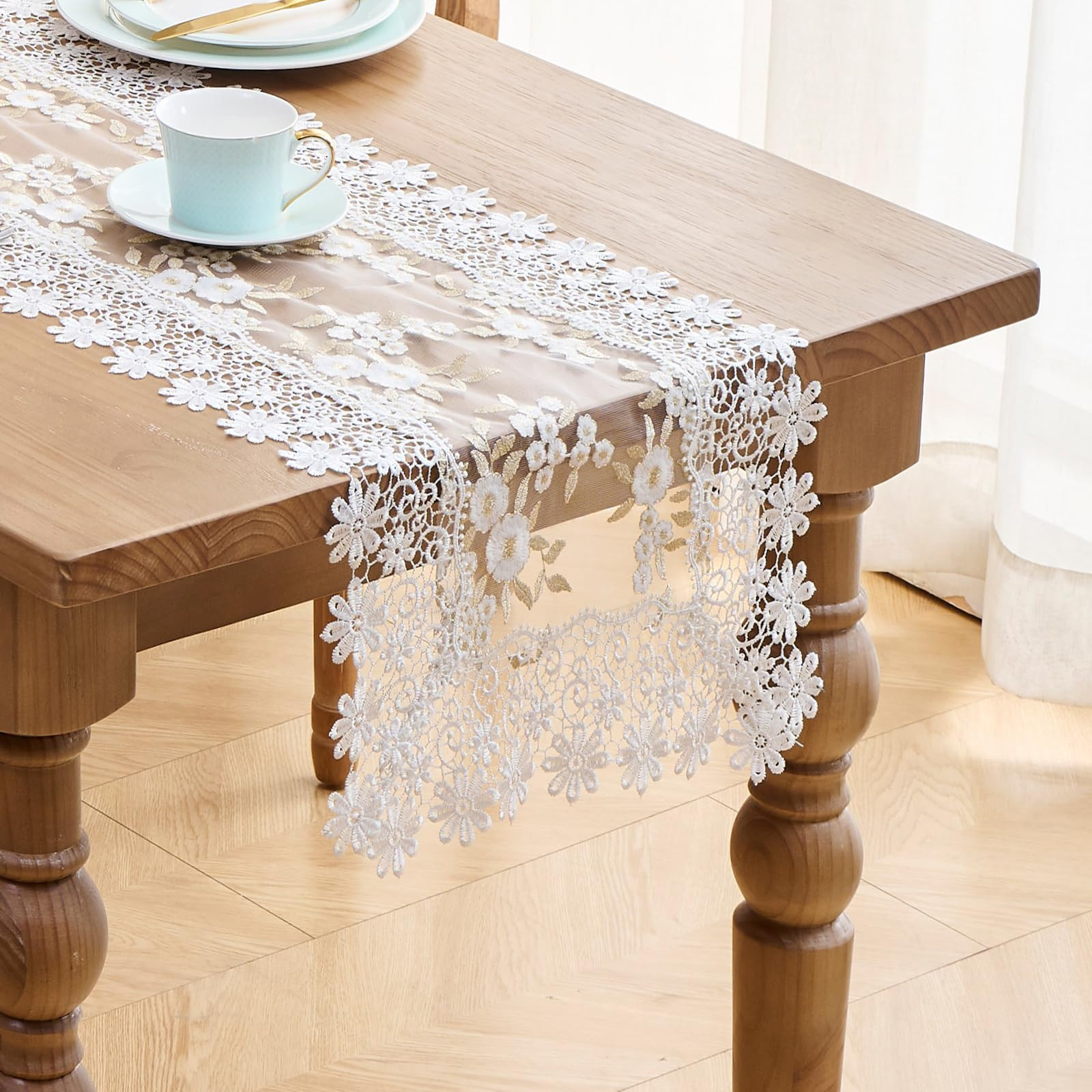 White Floral Ivory Gold Leaves Lace Table Runner 72 inches Dresser Scarf for Spring Easter Summer... | Amazon (US)