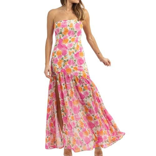 Women Y2K Floral Mesh Tube Top Dress Sexy Backless Sheer High Slit Long Dress Strapless Club Party Maxi Dress (Pink, M) | Amazon (US)