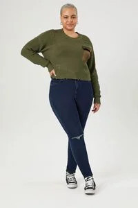 Plus Size Distressed Satin Pocket Sweater | Forever 21 (US)