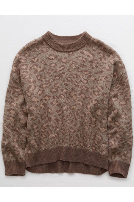 Aerie Leopard Crew Pullover Sweater Women's Taupe XS | American Eagle Outfitters (US & CA)